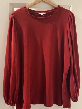 LC Lauren Conrad Brick Red Ribbed Long-Sleeve Top with Balloon Sleeves